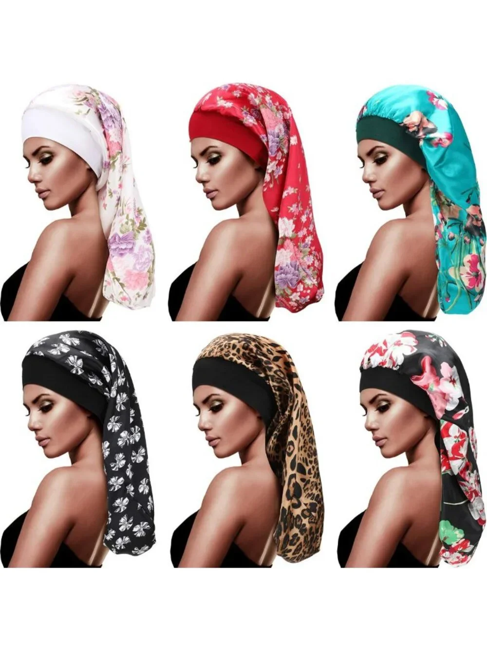 6 Pcs Long Satin Hair Bonnet Set for Sleeping, Stylish Print, Hair Protection